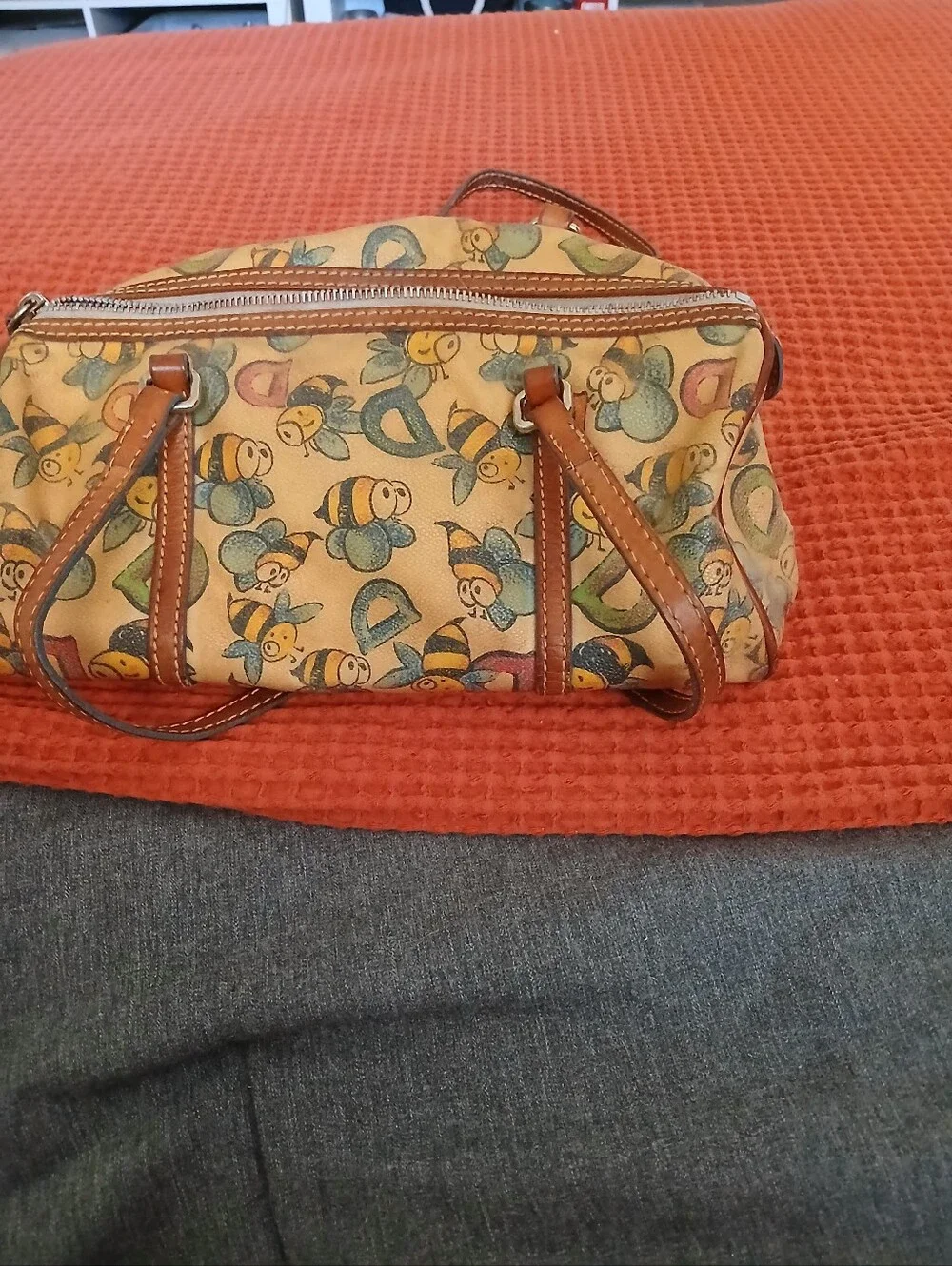 Dooney & Bourke Yellow Bee-Print Satchel with Brown Trim